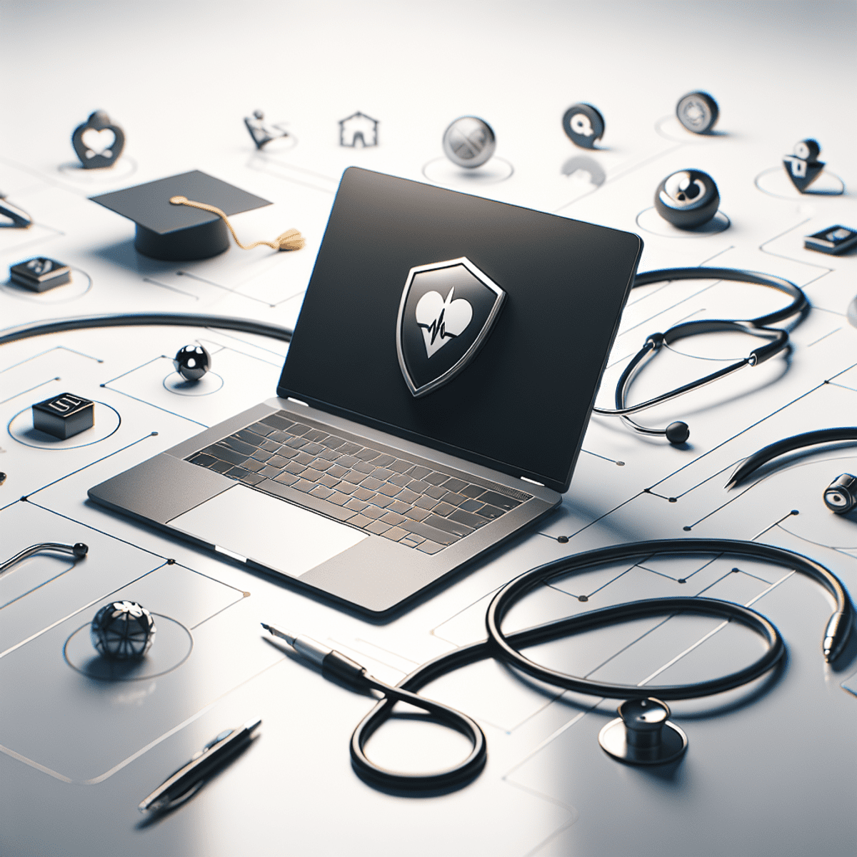 A sleek laptop surrounded by a stethoscope, graduation cap, and headset.